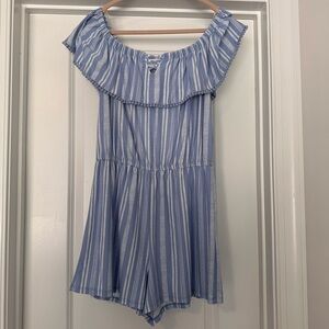 Derek Heart Light Blue and White Striped Off-Shoulder Romper